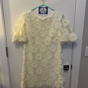 White Blouson-sleeve floral appliqué mini dress